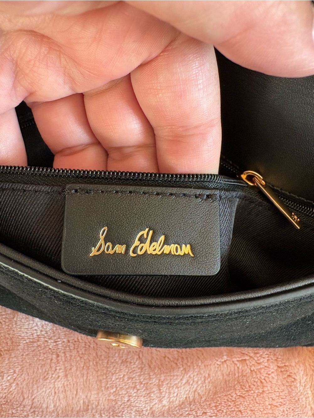 Sam Edelman Black Suede Shoulder Bag Gold Hardware Adjustable Strap - Picture 10 of 11